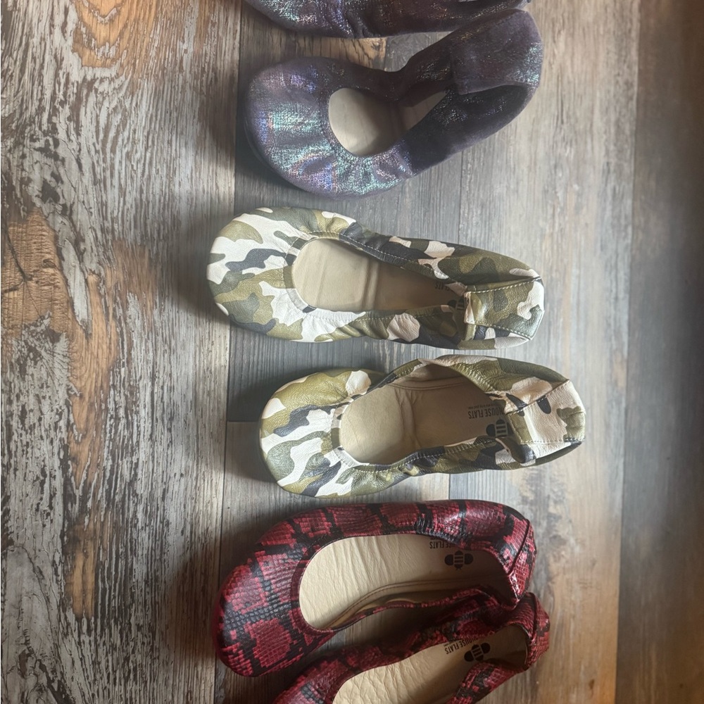 Bundle of The Storehouse Ballet Flats in purple, camo and red snakeskin